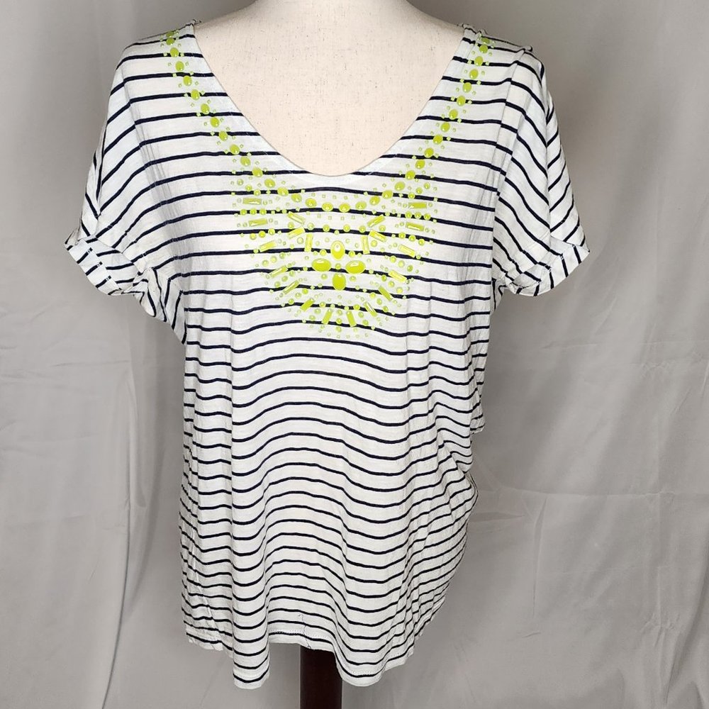 Gap Navy & White Striped Short Sleeve Shirt with Neon Jewels Size L
